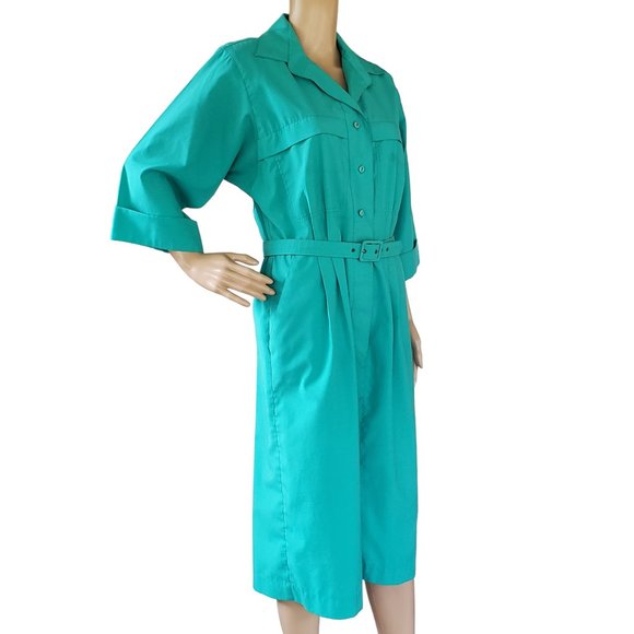 Vintage 80s Shirt Dress Women's Medium Green Career Secretary Pockets Belt Midi - Picture 2 of 14